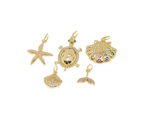 Gold Sea Shell Charm,Sealife Gold Charms,Clam Shell Charm,Whale Tale Charm,Sea Turtle Charm,Starfish Gold Charm,CPG1210-2172-2178-2187-2193