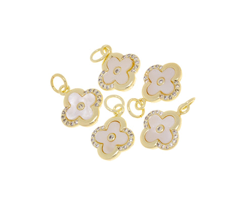 Gold  Flower MOP CZ Charm,Shamrock MOP Four Leaf Charm,Mother Of Pearl Flower Charm,CPG750