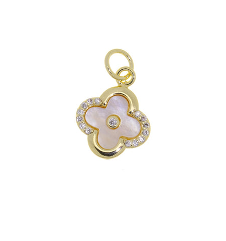 Gold  Flower MOP CZ Charm,Shamrock MOP Four Leaf Charm,Mother Of Pearl Flower Charm,CPG750