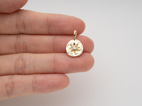 Gold Sun Medallion, Dainty Gold Flower Charm, CZ Starburst Medallion, CZ Gold Sun Pendant, CZ Gold Sun Medallion for Necklace, CPG2084