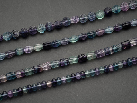 Natural Rainbow Fluorite Beads, 3 Styles Available: #001 Grooved Barrel, #002 Roundelle #003 Grooved Drum #004 Flower, FL001-004
