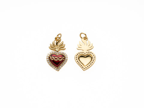 -18K Gold Plated, Link Details Sacred Heart Pendant, CZ Micro Pave Sacred Heart Charm, for DIY Jewelry Making, CPG2019