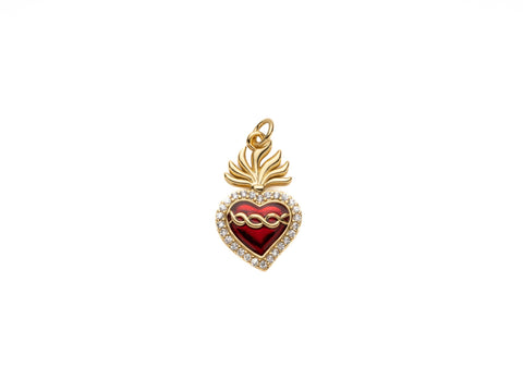 -18K Gold Plated, Link Details Sacred Heart Pendant, CZ Micro Pave Sacred Heart Charm, for DIY Jewelry Making, CPG2019