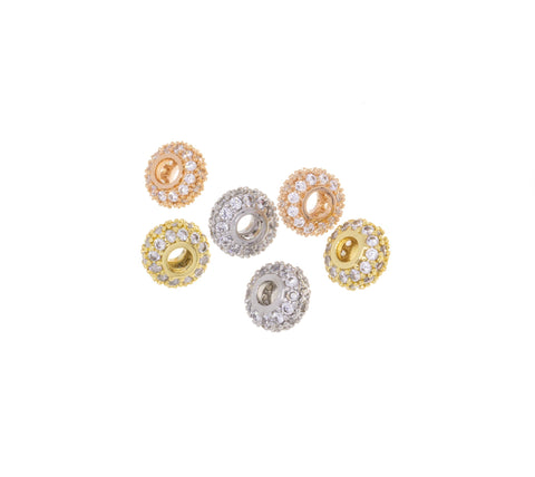 Donut Rondelle Round Tire CZ Spacer In Gold Silver & Rose Gold,Tire Spacer With CZ,Large Hole Spacer Bead For Bracelet Or Necklace ,SPG042