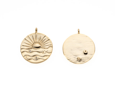 Gold Sun Ray Good Vibe Medallion Pendant, 21mm, Sunburst, Celestial, Bohemian charms Jewelry Inspired, Large Hole for Chains, CPG2091