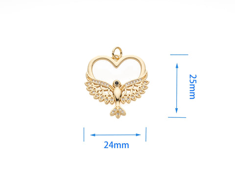 -18k Shiny Gold Plated Bird Detail Heart Necklace, Peace and love Gold Plated Heart Charm, CZ Heart Pendant, CZ Heart Jewelry, CPG1097