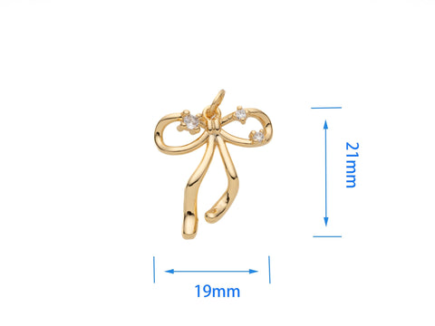 -18k Gold Bow Ribbon Charm, Set with CZ, Super Sparkly Gold Bow, CPG1170