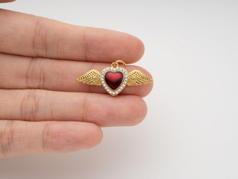 Wings Heart Pendant, MicroPave CZ Heart Necklace, Heart-Shaped Charm, DIY Jewelry Making Supplies, CPG2018