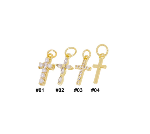 Mini Gold Cross Charms In 4 Different Designs,Tiny Pearl And CZ Cross Charms,Dainty Cross Charm For Jewelry Making,CPG1171-1125-1099-1154