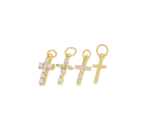 Mini Gold Cross Charms In 4 Different Designs,Tiny Pearl And CZ Cross Charms,Dainty Cross Charm For Jewelry Making,CPG1171-1125-1099-1154