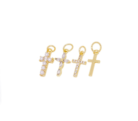 Mini Gold Cross Charms In 4 Different Designs,Tiny Pearl And CZ Cross Charms,Dainty Cross Charm For Jewelry Making,CPG1171-1125-1099-1154
