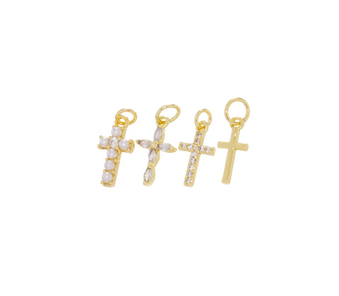 Mini Gold Cross Charms In 4 Different Designs,Tiny Pearl And CZ Cross Charms,Dainty Cross Charm For Jewelry Making,CPG1171-1125-1099-1154
