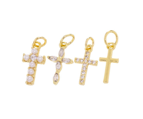 Mini Gold Cross Charms In 4 Different Designs,Tiny Pearl And CZ Cross Charms,Dainty Cross Charm For Jewelry Making,CPG1171-1125-1099-1154