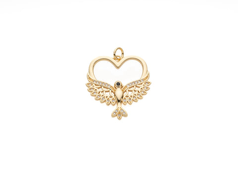 -18k Shiny Gold Plated Bird Detail Heart Necklace, Peace and love Gold Plated Heart Charm, CZ Heart Pendant, CZ Heart Jewelry, CPG1097