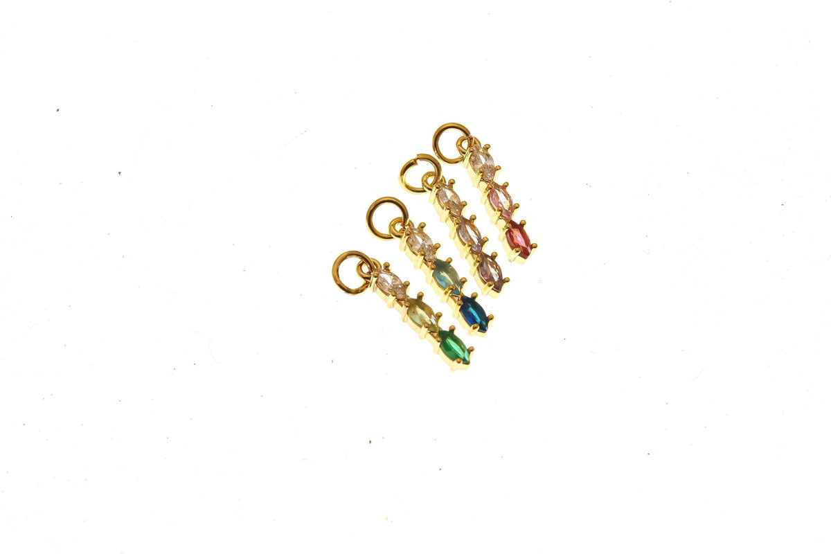 Multi Color 3 Stone CZ Pendant or Charm, Marquise Shape, CZ Green, Blue, Purple, or Pink, 14.5mm x 3.3mm, CPG1444