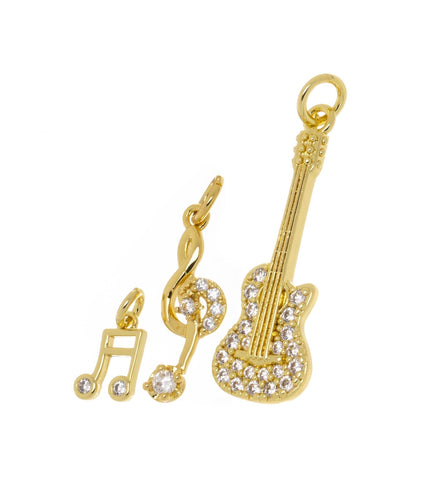 CZ Gold Guitar Charm,Acoustic Guitar And Musical Note Charms,Gift For A Musician,CPG1559-CPG1571-CPG1582