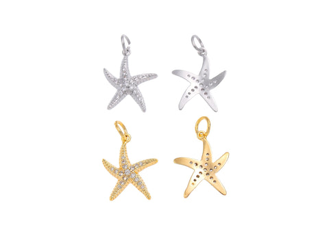 -18k Gold or Silver Starfish Dainty Gold Charm, Gold Pave Colorful Happy Starfish Charm, Nautical Starfish Charm, CPG1208, CPS1208