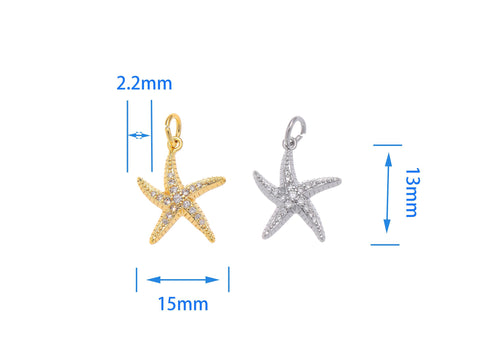 -18k Gold or Silver Starfish Dainty Gold Charm, Gold Pave Colorful Happy Starfish Charm, Nautical Starfish Charm, CPG1208, CPS1208