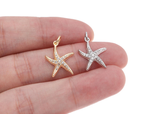 -18k Gold or Silver Starfish Dainty Gold Charm, Gold Pave Colorful Happy Starfish Charm, Nautical Starfish Charm, CPG1208, CPS1208