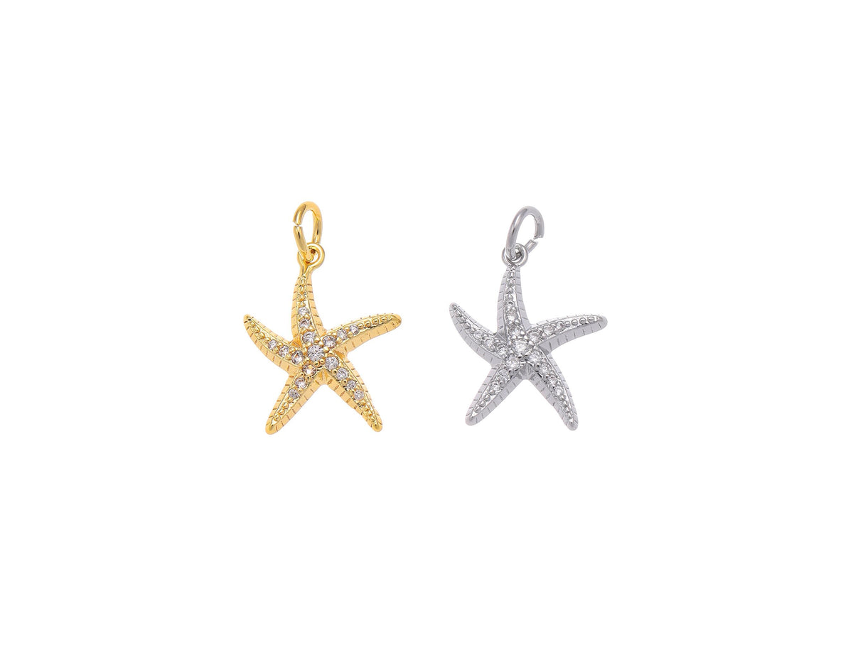 -18k Gold or Silver Starfish Dainty Gold Charm, Gold Pave Colorful Happy Starfish Charm, Nautical Starfish Charm, CPG1208, CPS1208