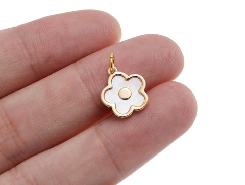 -18k Gold Flower Charm With White Mother Of Pearl, Flower MOP Gold/Silver Charm, Dainty Disc Inlay MOP Shell Flower Charm, CPG1222