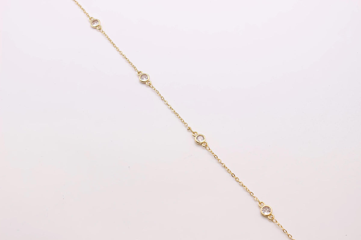 -18k Gold Plated or Silver Chain, Spaced out Stations, Tiny Circle Round CZ,  Stone Link Chain Bulk, Chain Sold by the Foot, CHG1061,CHS1061