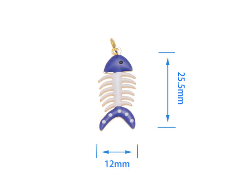 -18k Gold Fishbone Blue Charms, Gold Plated Brass Fishbone Pendant, Blue Fish Skeleton Pendant, CPG1435