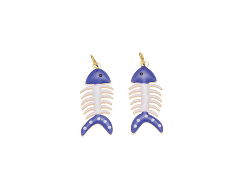 -18k Gold Fishbone Blue Charms, Gold Plated Brass Fishbone Pendant, Blue Fish Skeleton Pendant, CPG1435