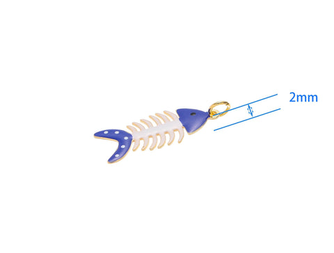 -18k Gold Fishbone Blue Charms, Gold Plated Brass Fishbone Pendant, Blue Fish Skeleton Pendant, CPG1435