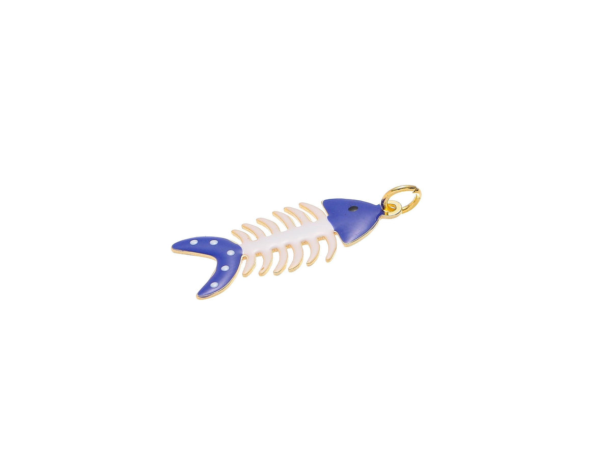 -18k Gold Fishbone Blue Charms, Gold Plated Brass Fishbone Pendant, Blue Fish Skeleton Pendant, CPG1435