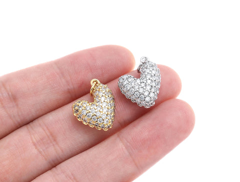 Gold And Silver Pave Puff Heart Charm,Dainty Puff Heart With CZ In Gold And Silver,Pave CZ Heart Charm For Jewelry Making,CPG1449