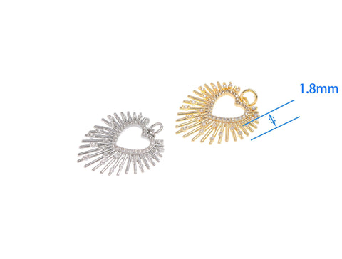 -18k Gold or Silver Heart Starburst, Sacred Heart, CZ Heart Pendant, For Earrings or Necklace, CPG1246, CPS1246
