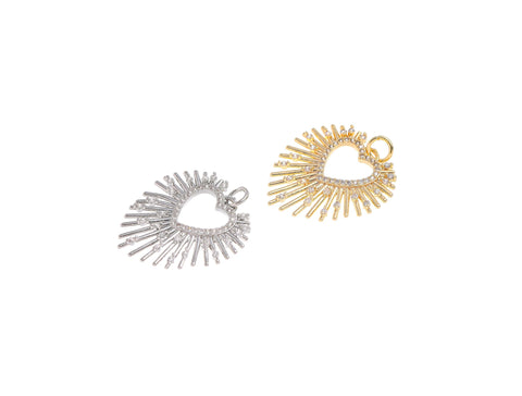-18k Gold or Silver Heart Starburst, Sacred Heart, CZ Heart Pendant, For Earrings or Necklace, CPG1246, CPS1246