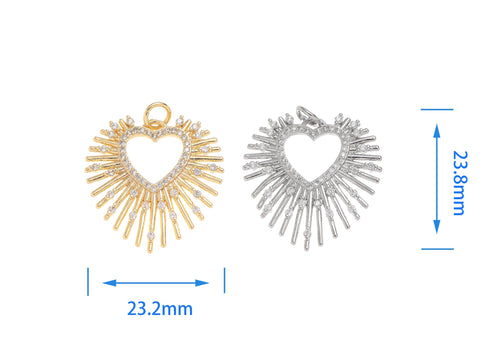 -18k Gold or Silver Heart Starburst, Sacred Heart, CZ Heart Pendant, For Earrings or Necklace, CPG1246, CPS1246