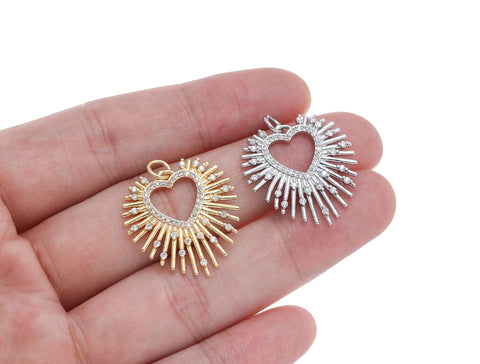 -18k Gold or Silver Heart Starburst, Sacred Heart, CZ Heart Pendant, For Earrings or Necklace, CPG1246, CPS1246