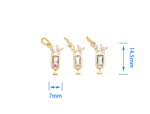 Gold Cocktail Drink Glass Cup Charm With Straw And Tropical Flower,Pave Set With Clear And Color CZ,CPG1461