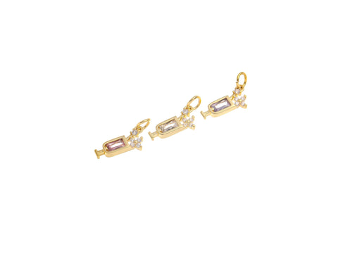 Gold Cocktail Drink Glass Cup Charm With Straw And Tropical Flower,Pave Set With Clear And Color CZ,CPG1461