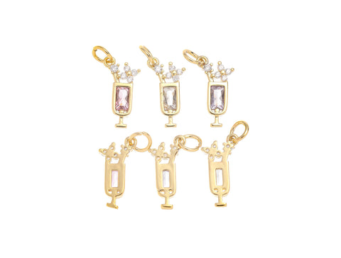 Gold Cocktail Drink Glass Cup Charm With Straw And Tropical Flower,Pave Set With Clear And Color CZ,CPG1461