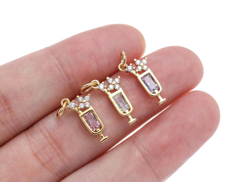 Gold Cocktail Drink Glass Cup Charm With Straw And Tropical Flower,Pave Set With Clear And Color CZ,CPG1461