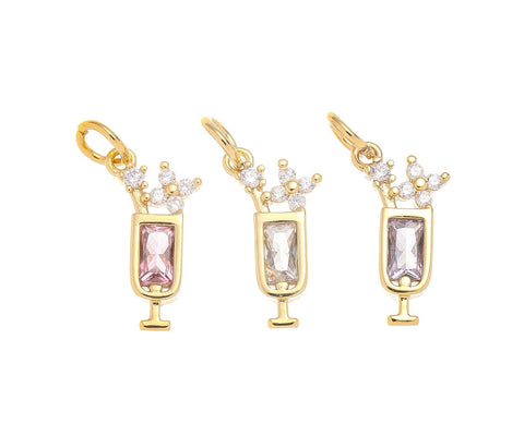 Gold Cocktail Drink Glass Cup Charm With Straw And Tropical Flower,Pave Set With Clear And Color CZ,CPG1461
