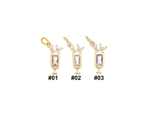 Gold Cocktail Drink Glass Cup Charm With Straw And Tropical Flower,Pave Set With Clear And Color CZ,CPG1461