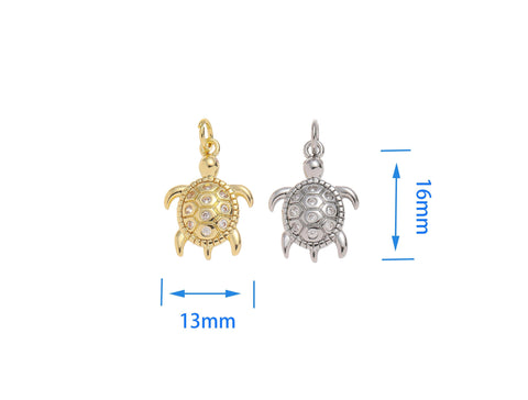Gold And Silver Sea Turtle Charm With CZ,CZ Turtle Charm,Turtle Charm For Jewelry Making,Dainty Reef Animal Charm,CPG-CPS1546