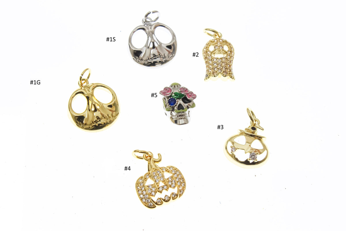 -18k Gold Halloween Collection Charms, Gold or Silver Skull Charms, Dia de Los Muertos CZ Pumpkin, CZ Ghost, Halloween Pendants, CPG786-790