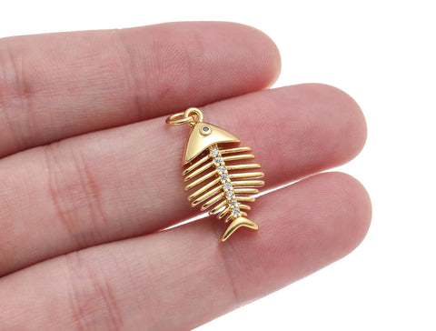 -18k Gold Fishbone Charms, Gold Plated Brass Fishbone Pendant, Fish Skeleton Pendant, CPG1563