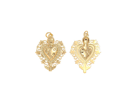 -18k Gold Double Heart Charm, Gold Hammered Heart Charm, Lace Detail Gold Charm, CPG2161