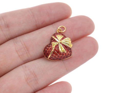 -18k Gold Red cz full pave Heart Pendant, Ribbon detailing, Sparkly Polished Red Heart Pendant, Simple and elegant, My Valentine, CPG2198