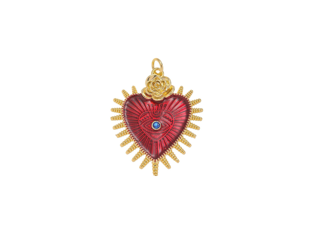 -18k Gold Enamel All seeing eye Red Heart Charm, Gold Heart charm, All seeing eye, Rose Details Gold Heart charm, Dainty Heart Charm, CPG2199