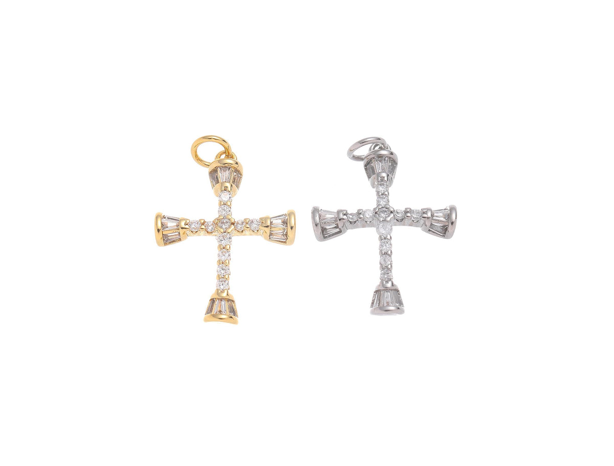 -18k Gold or Silver Plated, Shiny Polished, Cubic Zirconia Cross Pendant or Charm, Baguette Cubic Zirconia, CPG1450