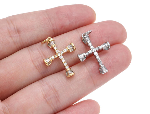 -18k Gold or Silver Plated, Shiny Polished, Cubic Zirconia Cross Pendant or Charm, Baguette Cubic Zirconia, CPG1450