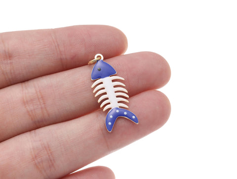 -18k Gold Fishbone Blue Charms, Gold Plated Brass Fishbone Pendant, Blue Fish Skeleton Pendant, CPG1435